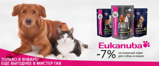 Скидка 7% на влажный корм Eukanuba для собак и кошек!