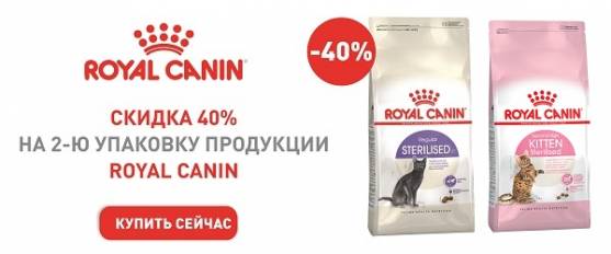 Скидка 40% на вторую упаковку корма для стерилизованных кошек Royal Canin!