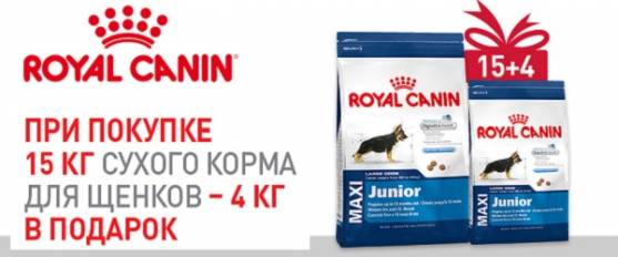 При покупке 15 кг Royal Canin для щенков – 4 кг в подарок!