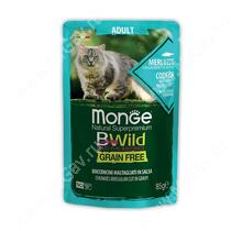 Пауч Monge Cat Bwild Grain Free для взрослых кошек (Треска и креветки), 85 г